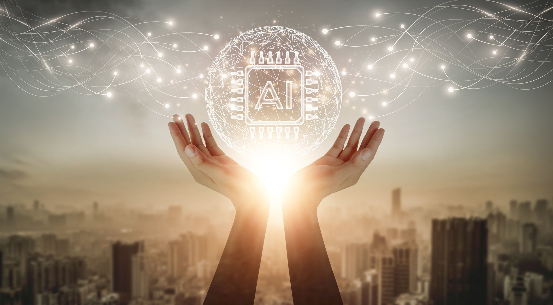 AI-powered businessman holding a virtual global network and establishing seamless connections against a city background.